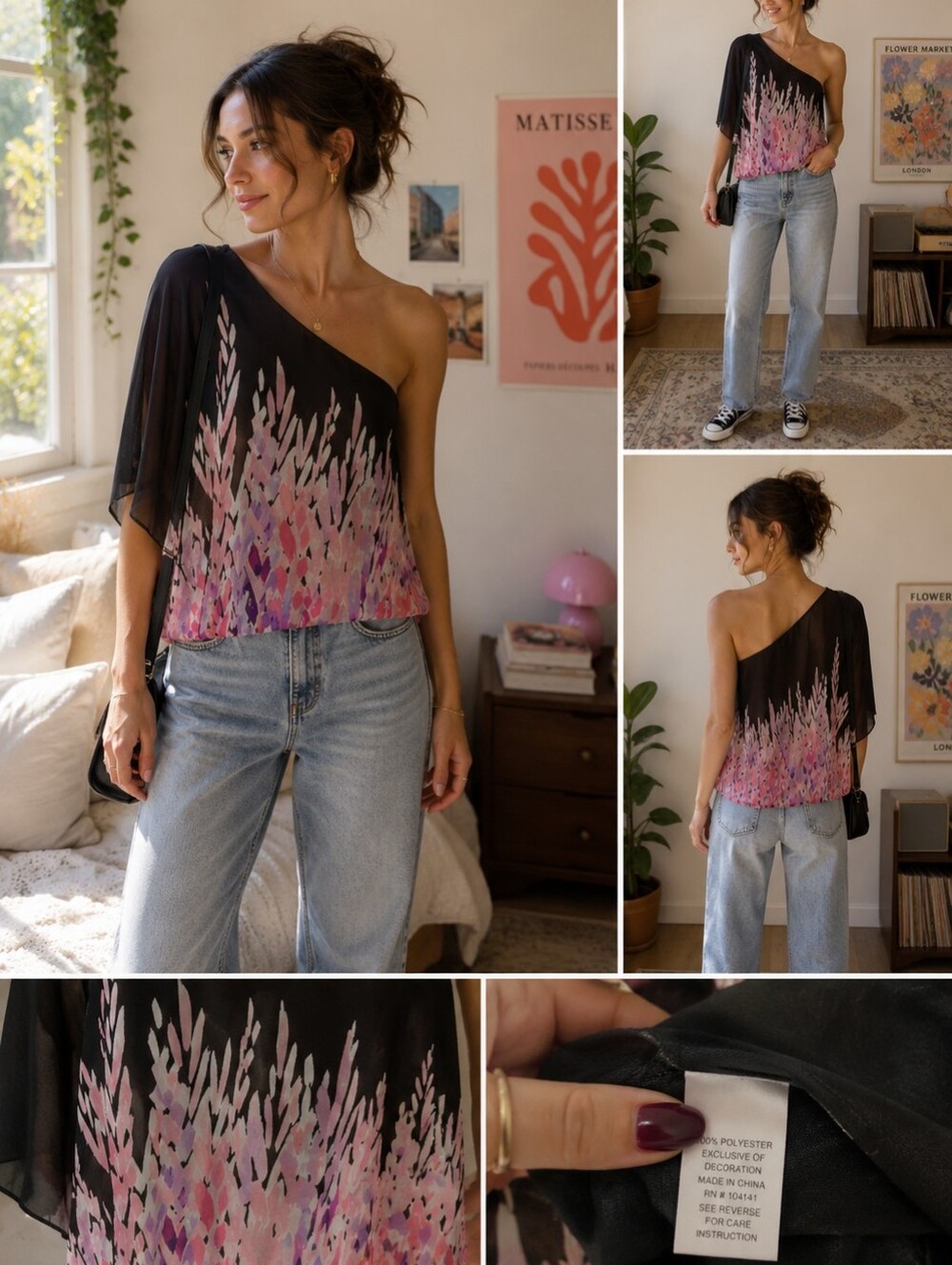 One Shoulder Blouse Size Small  Black and Pink Chiffon Date Night Girls Night